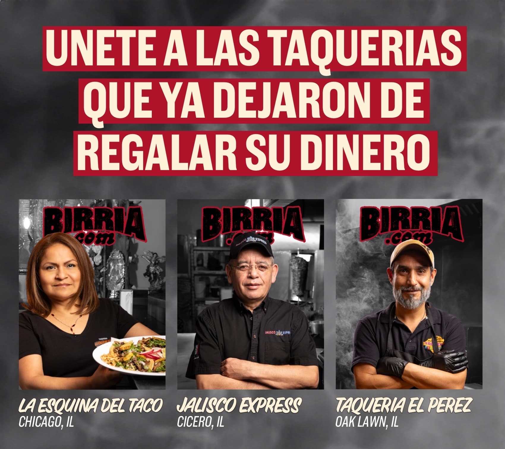 Birria.com taqueria customer proof with La Esquina del Taco, Jalisco Express, and Taqueria El Perez.